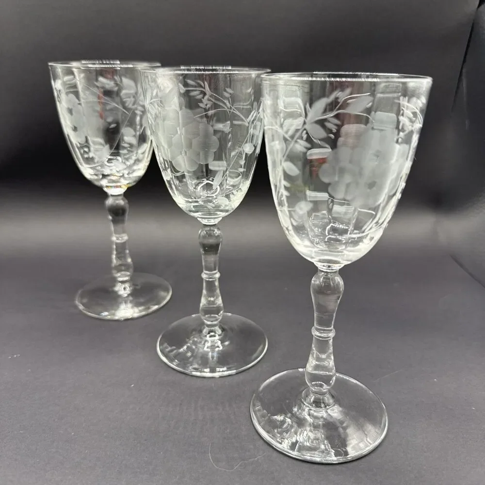 Set Of 3 Floral Etched Cordial Glasses Vintage 6”